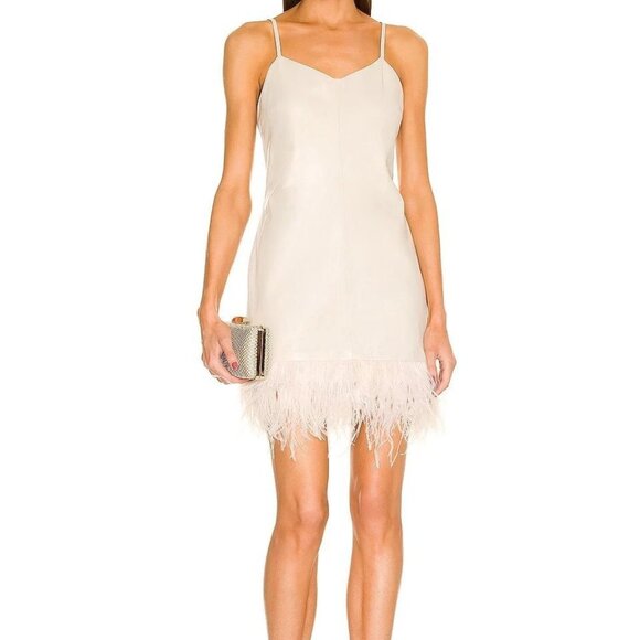 New Lamarque leather slip dress with feather trim in bone...